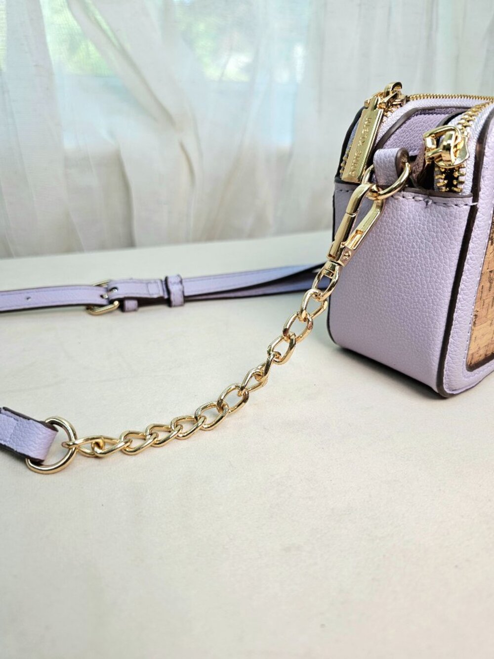Anne Klein Lavender Cork Double Zip Camera Crossbody Bag Gold Chain Strap - Picture 8 of 15